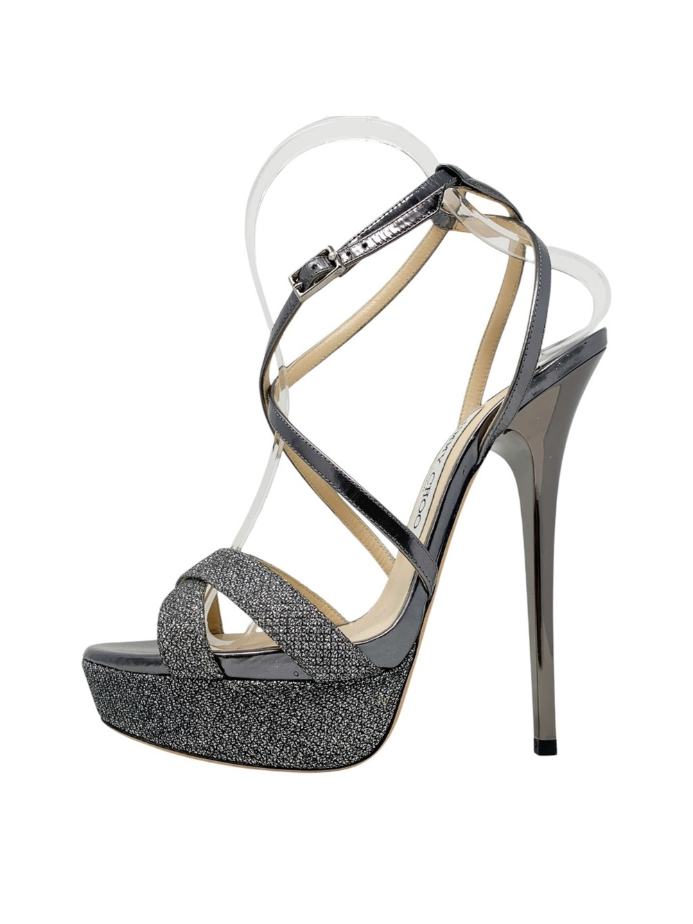 Jimmy Choo Liddie 145 Silver Glitter Platform Heels Sandals EU 38.5